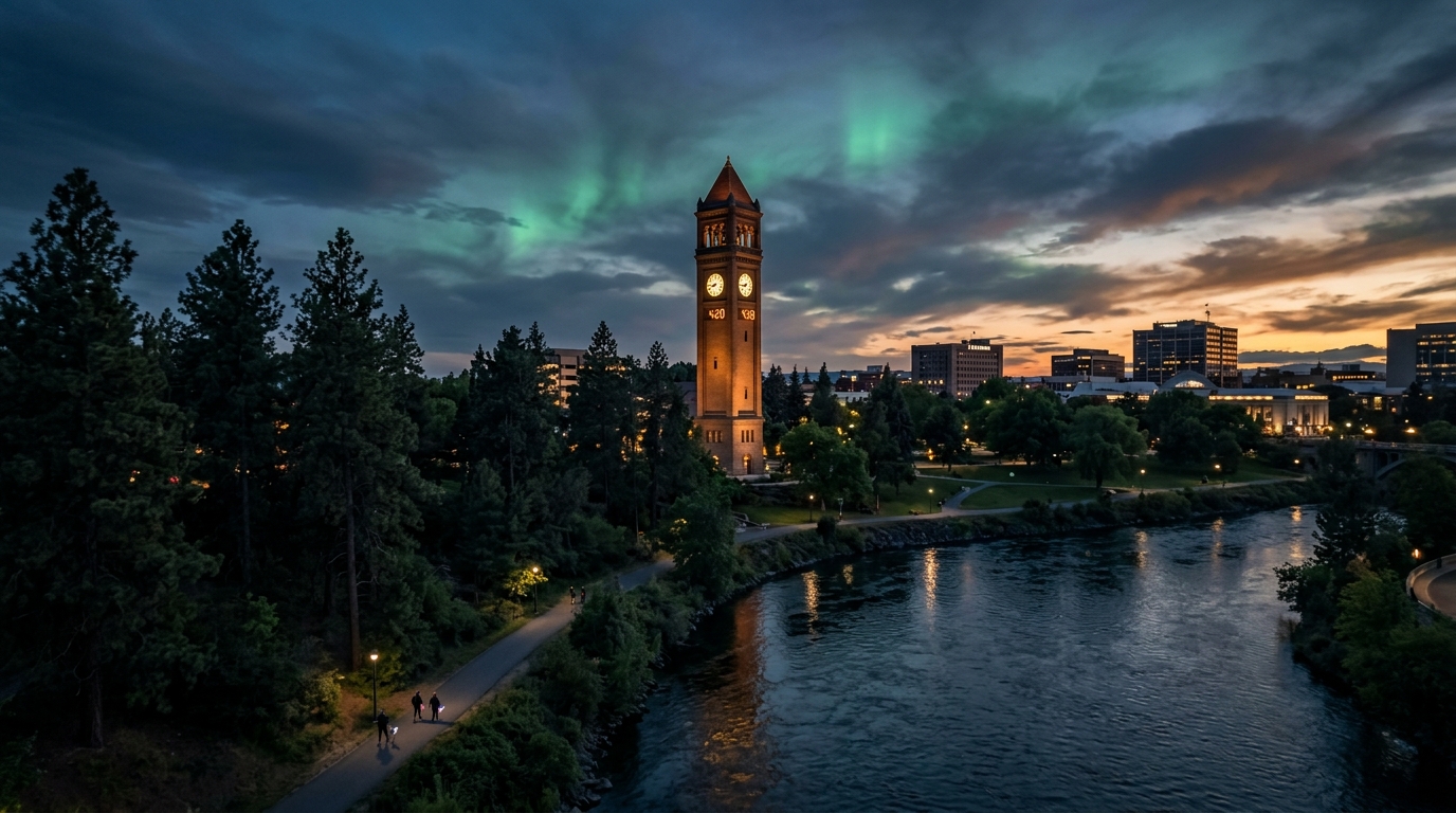 Spokane Riverfront Park Clock Tower set to 4:20 at dusk - Sativa Sisters Cannabis Dispensary